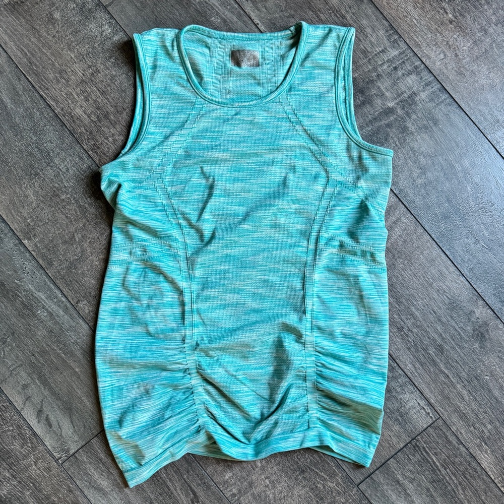 Athleta Fastest Track Ruched Space-Dye Green Sleeveless Muscle Tee Tank size L